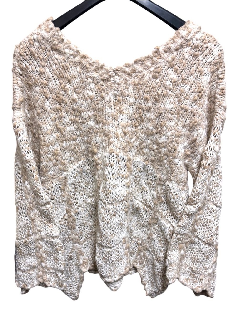 Bad Little Country Girl Tina Tan/Cream Open-Knit V-Neck Sweater w/Flared Sleeves
